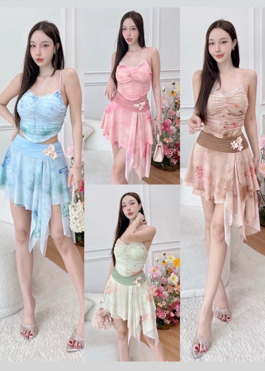 2Pc Set - Printed Mesh Top and Skirt