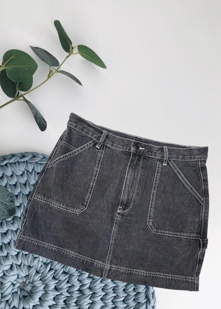 Greyish Denim Skirt with Front Pocket Design