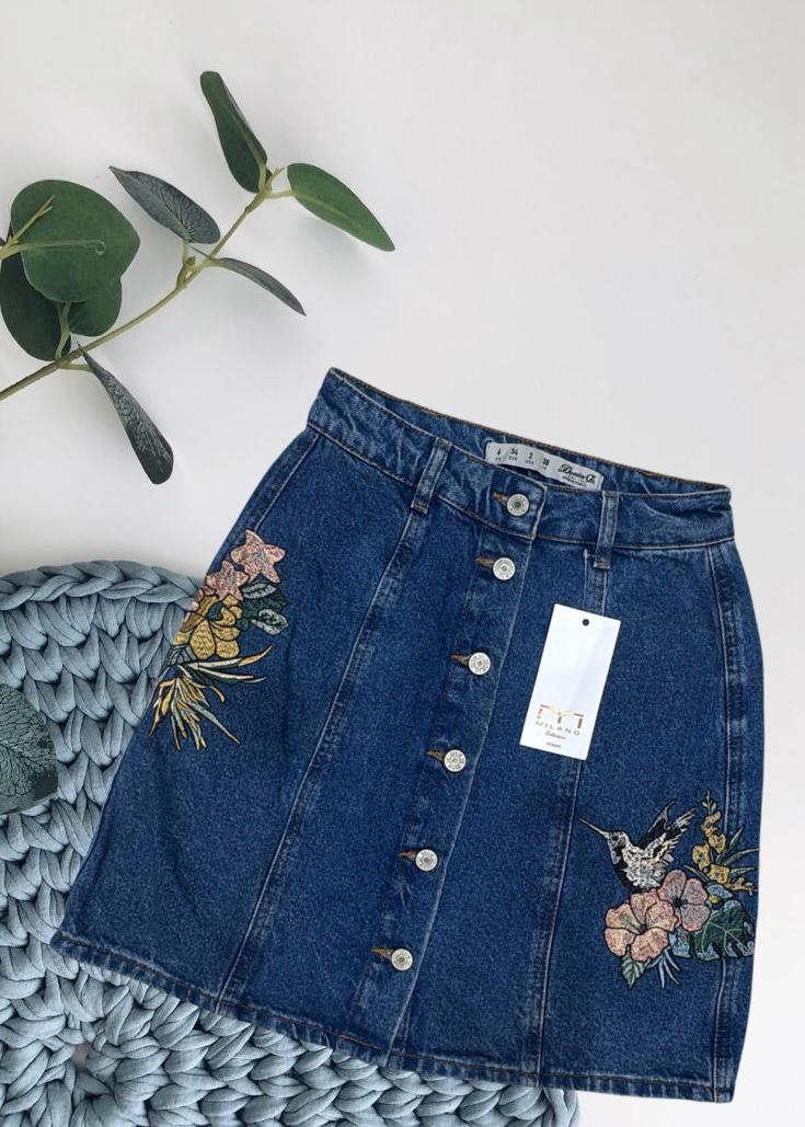 Denim Skirt with Floral Embroidery