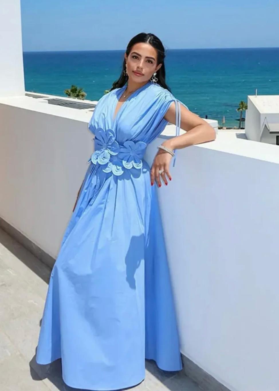 Solid Long Dress with Floral Belt