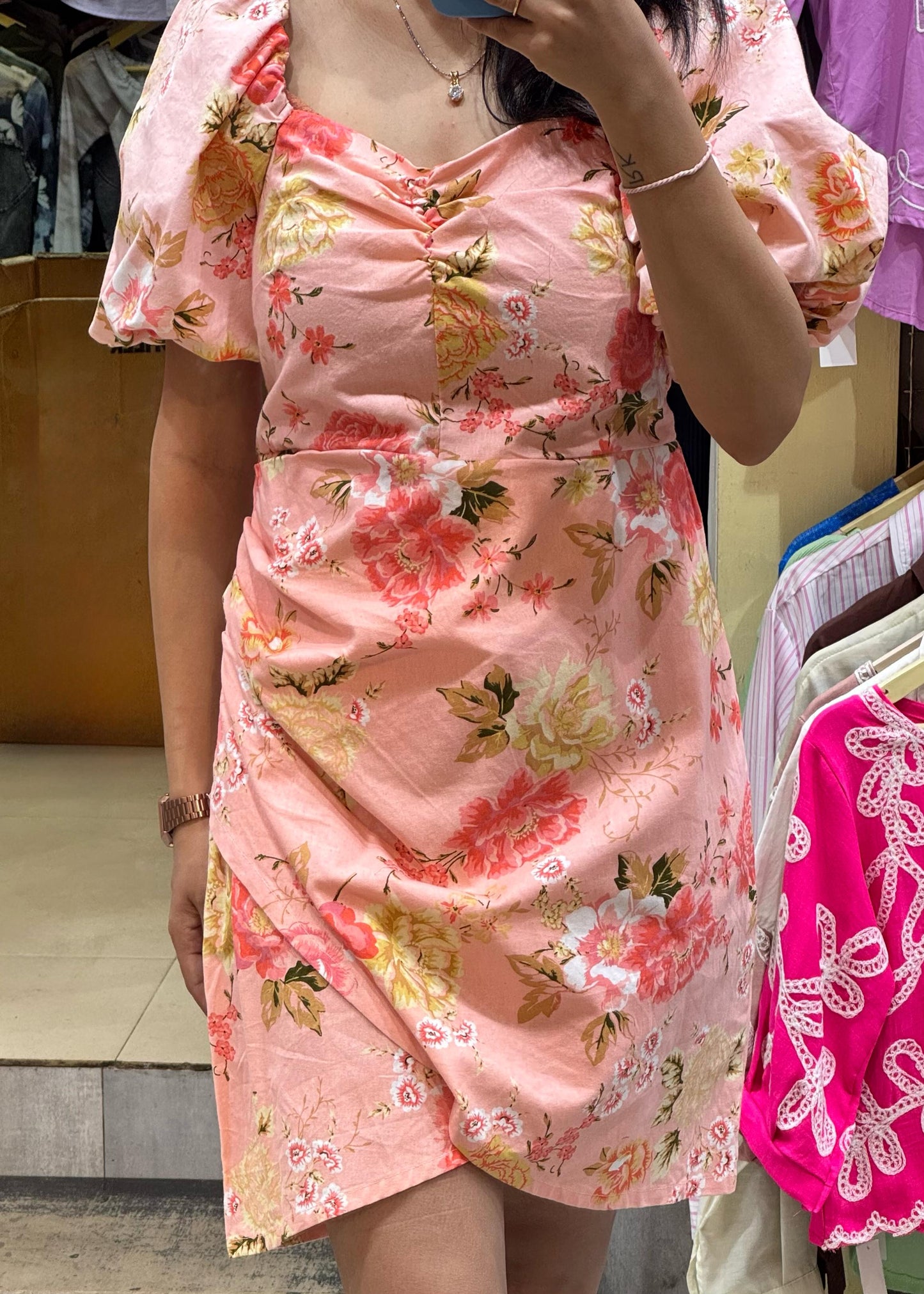 Peach Floral Printed Short Dress