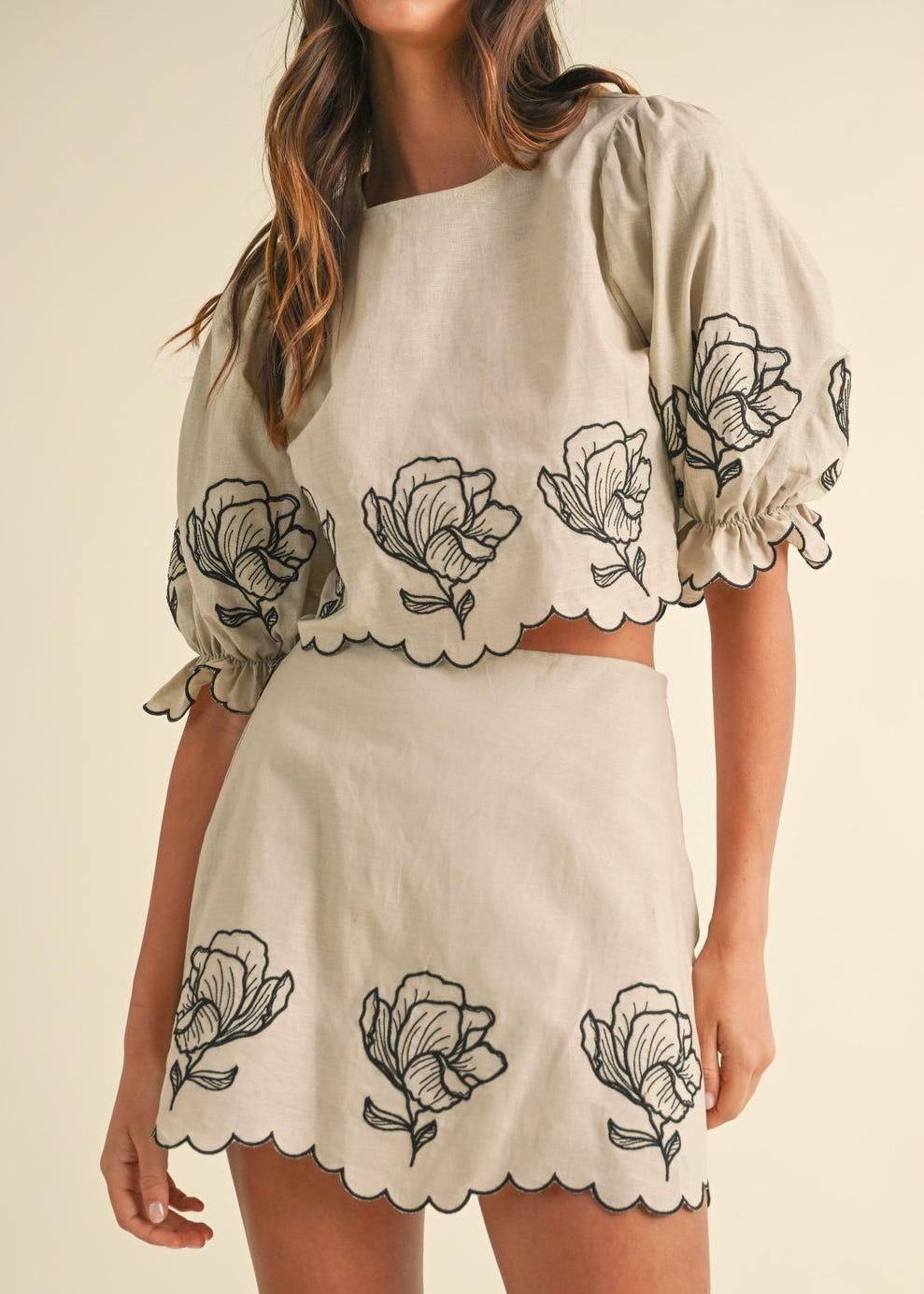 2 Pc Floral Embroidered Skirt Set