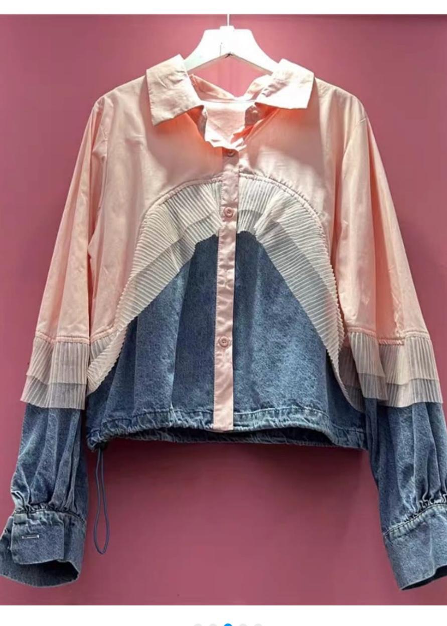 Half Denim Half Plain Oversized Shirt