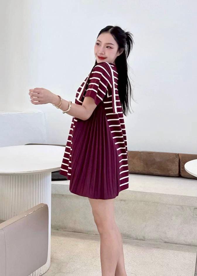 Striped Long T-Shirt with Pleated Side