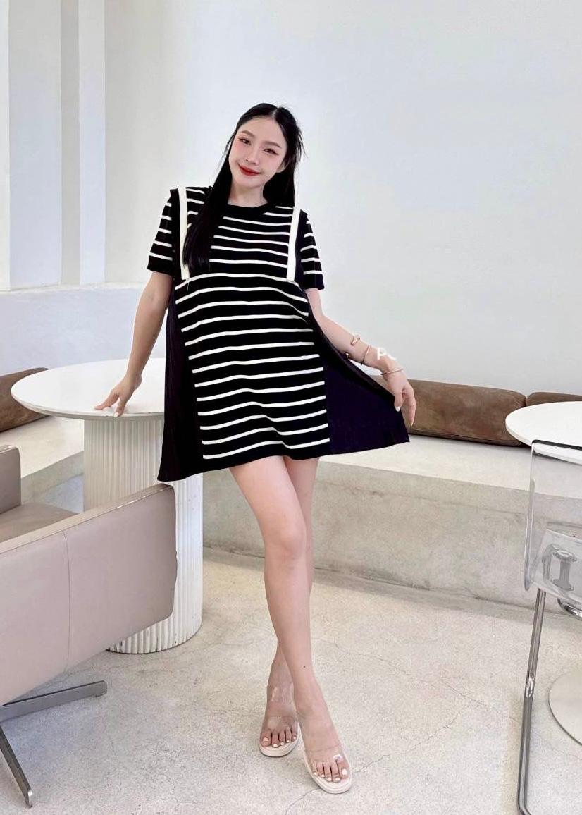 Striped Long T-Shirt with Pleated Side