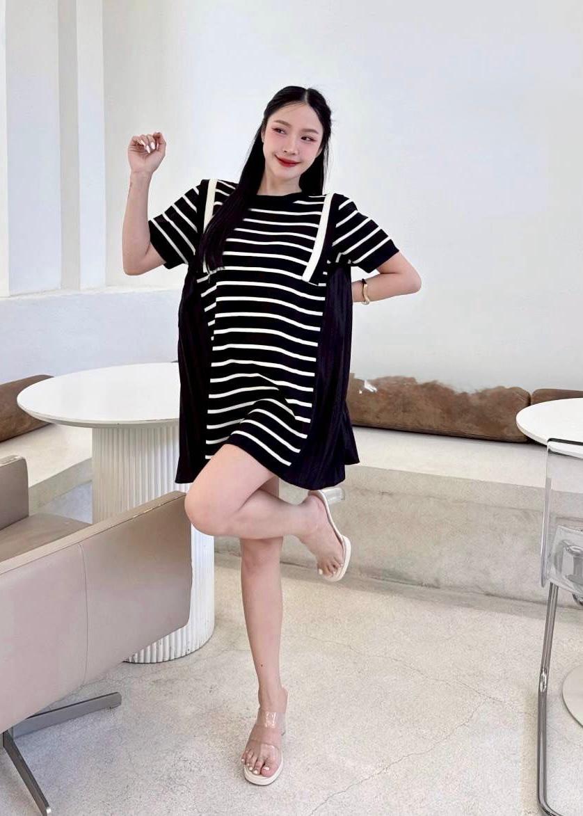 Striped Long T-Shirt with Pleated Side