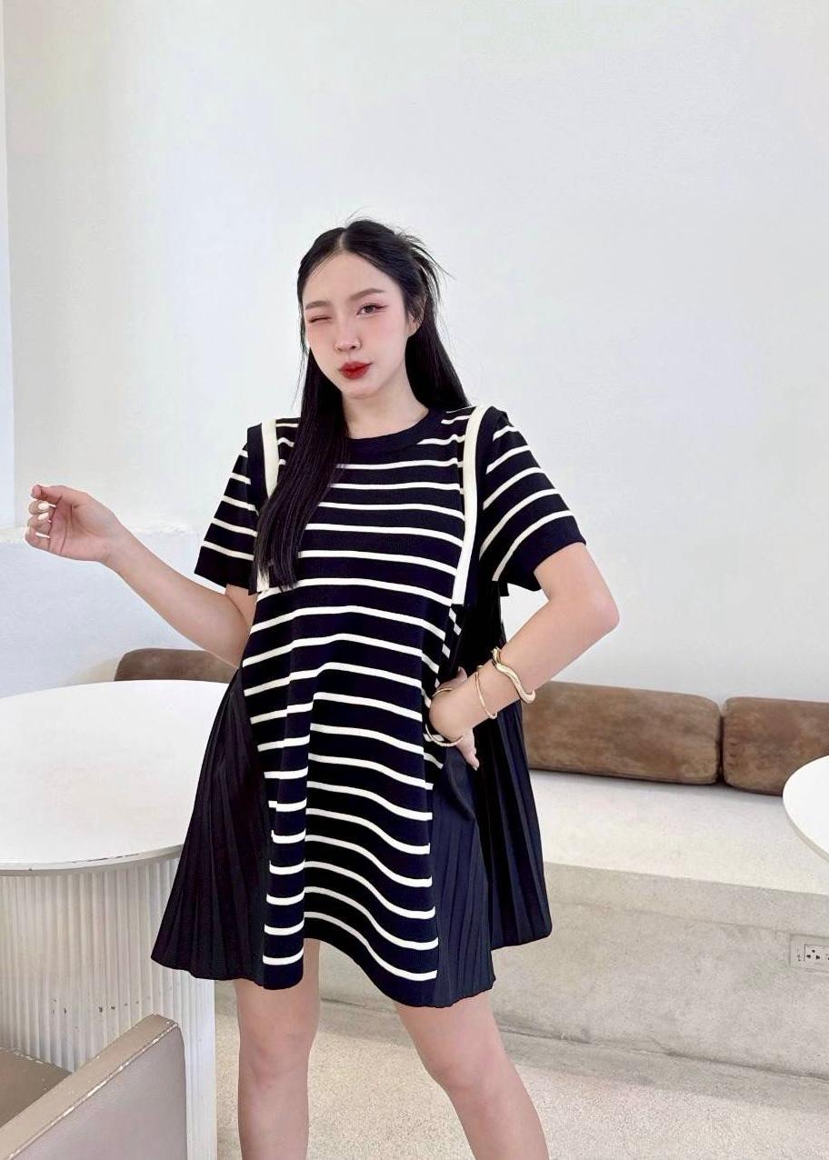 Striped Long T-Shirt with Pleated Side