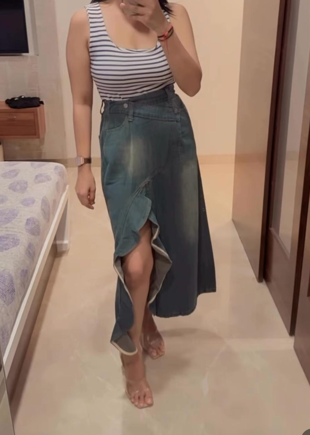 Front Side Slit Frilly Long Denim Skirt