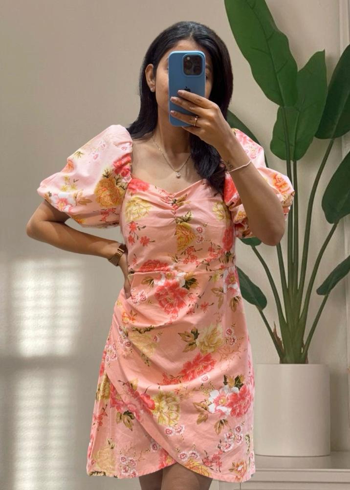 Peach Floral Printed Short Dress