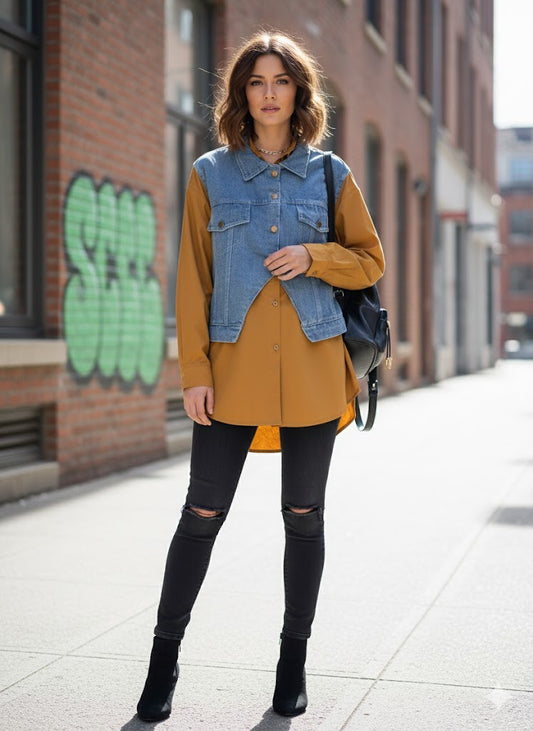 Plain Shirt with Attached Jacket Like Denim Patch