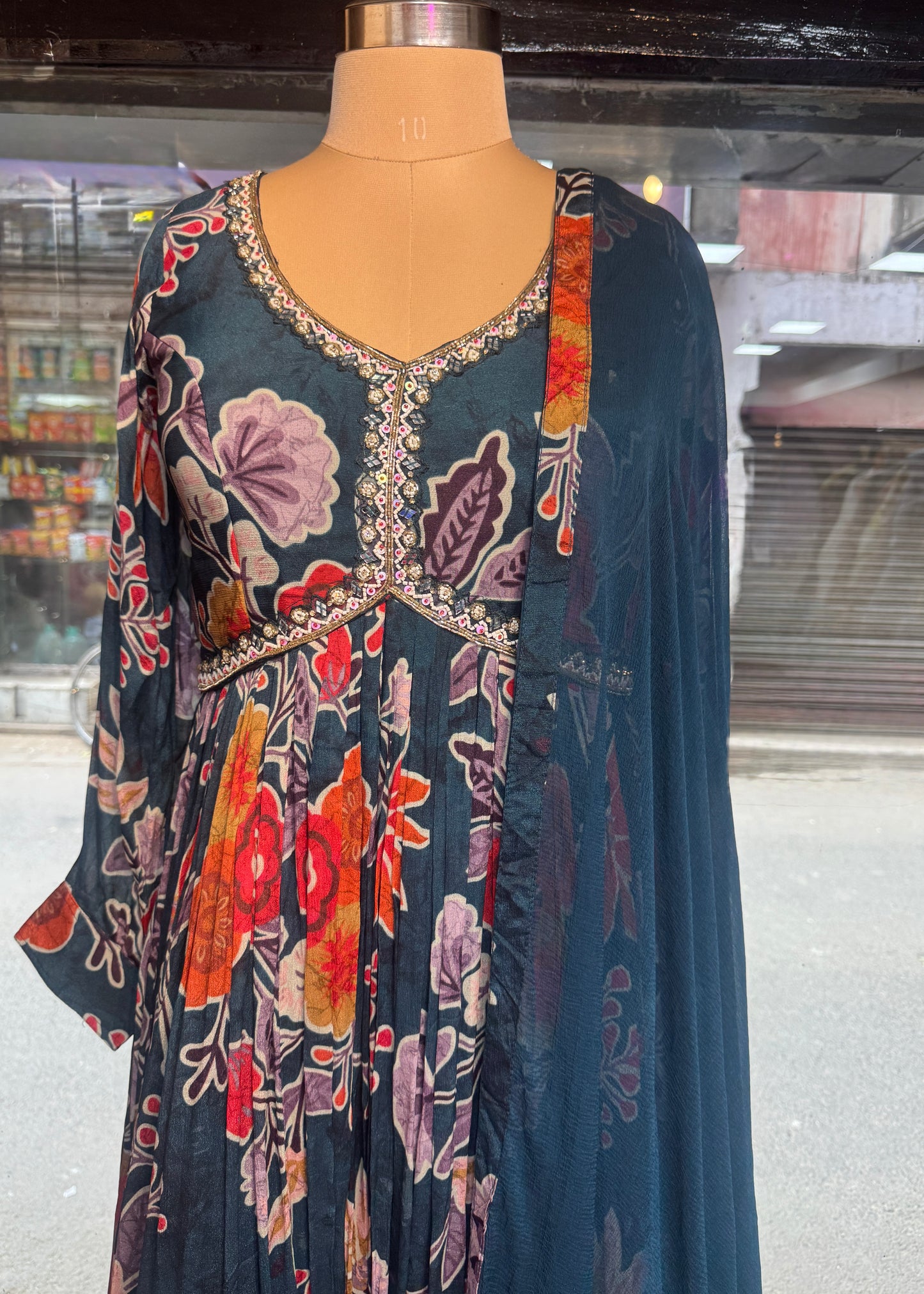 3 Pc Set - Printed Embellished Anarkali with Pant