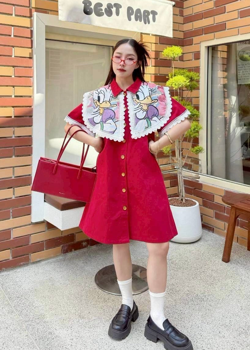 Light Denim Dress with cartoon Embroidered Collar