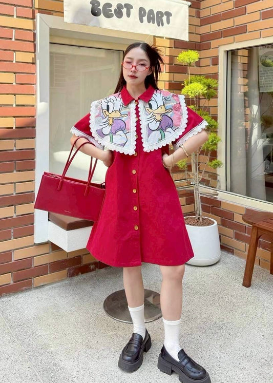 Light Denim Dress with cartoon Embroidered Collar