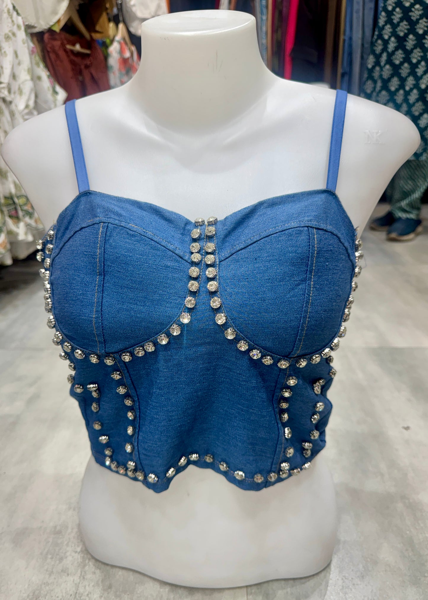Stone Studded Light Denim Bralette
