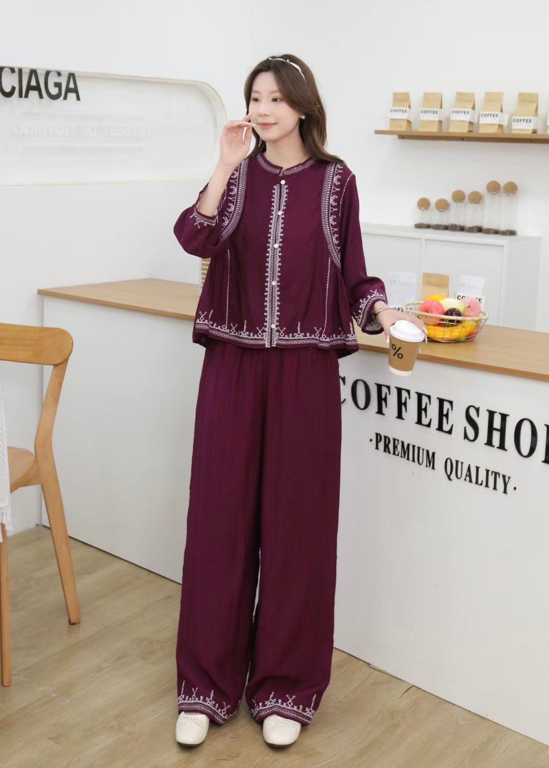 2 Pc Oversized Embroidered Shirt & Plain Pant Set