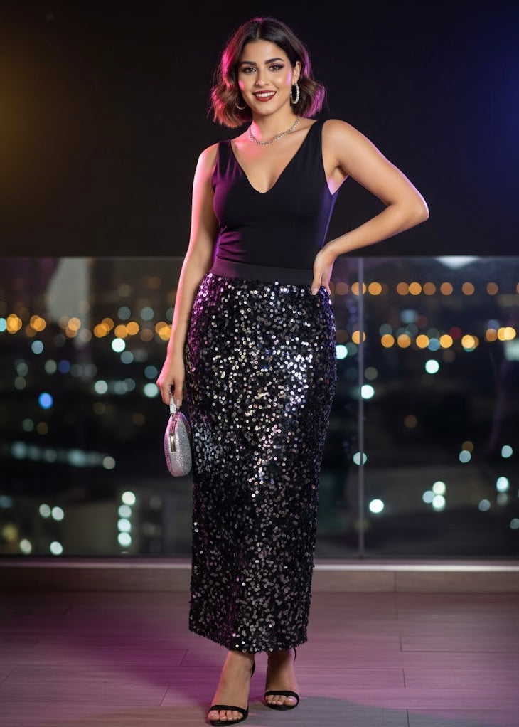 Sequins Studded Long Party Skirt