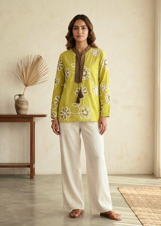 Floral Embroidered Top with Contrast Tasseled Neckline