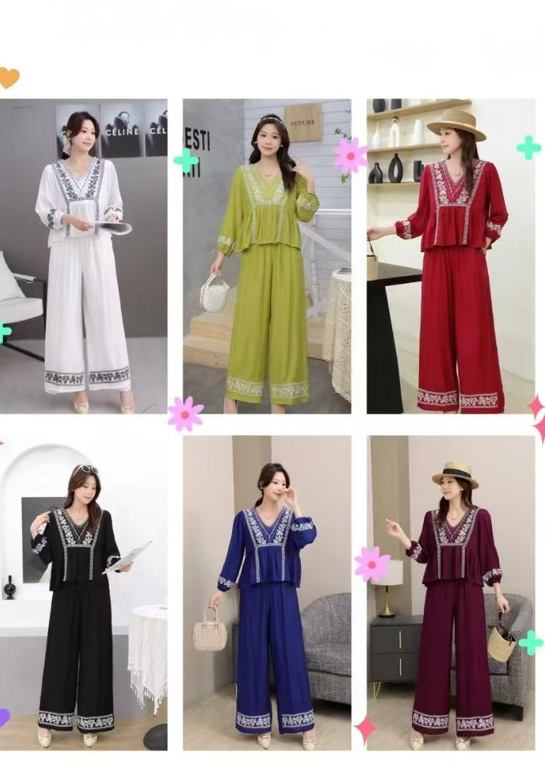2 Pc Set - Oversized V-Neck Embroidered Top & Pant