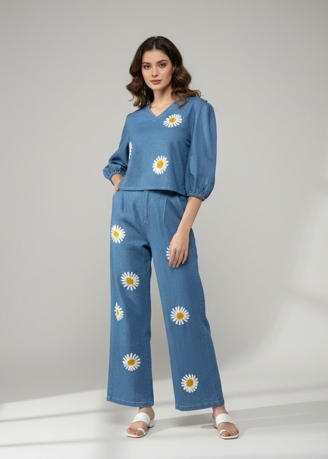 2 Pc Set - Light Denim Top & Pant with Crochet Flower Work