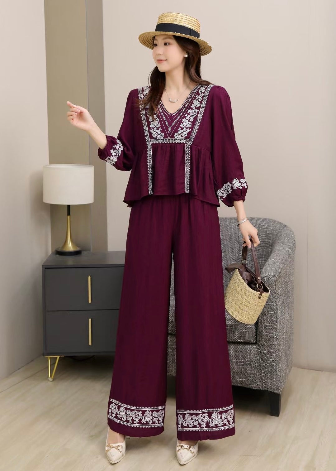 2 Pc Set - Oversized V-Neck Embroidered Top & Pant