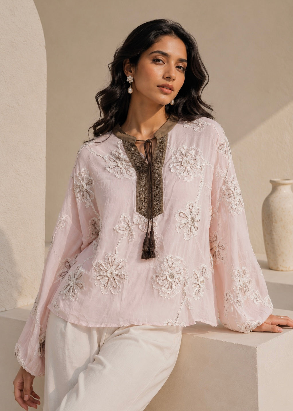 Floral Embroidered Top with Contrast Tasseled Neckline