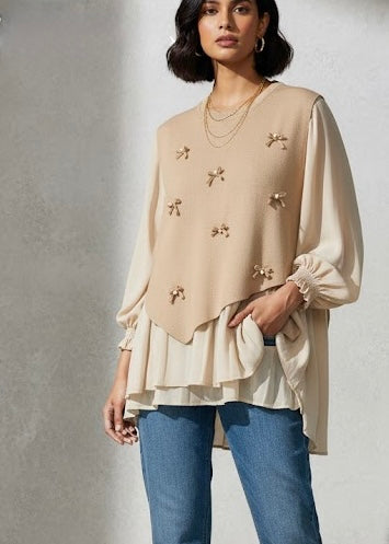 2 Pc Set - Pleated Top with Sweater adorned with Bows and Pearls
