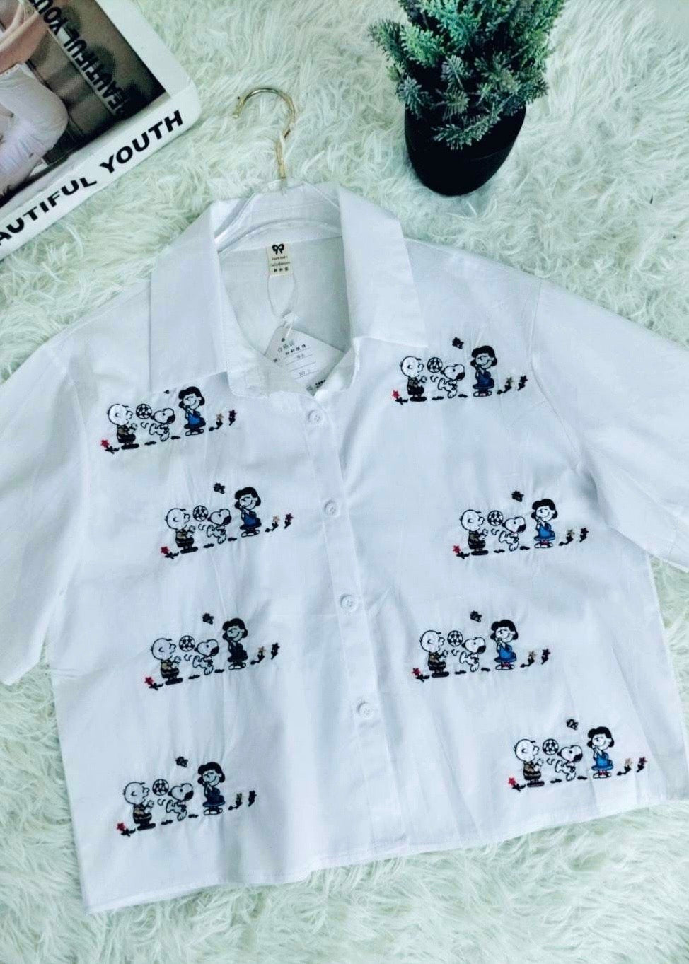 Crop Shirt with Cartoon Embroidered Patches