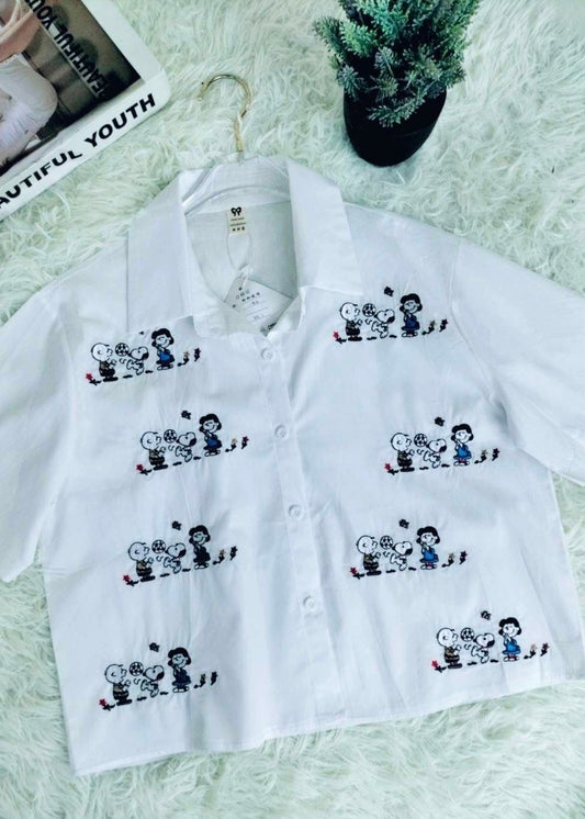 Crop Shirt with Cartoon Embroidered Patches