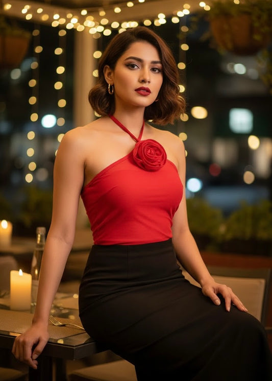 3D Rose Plain Halter Top