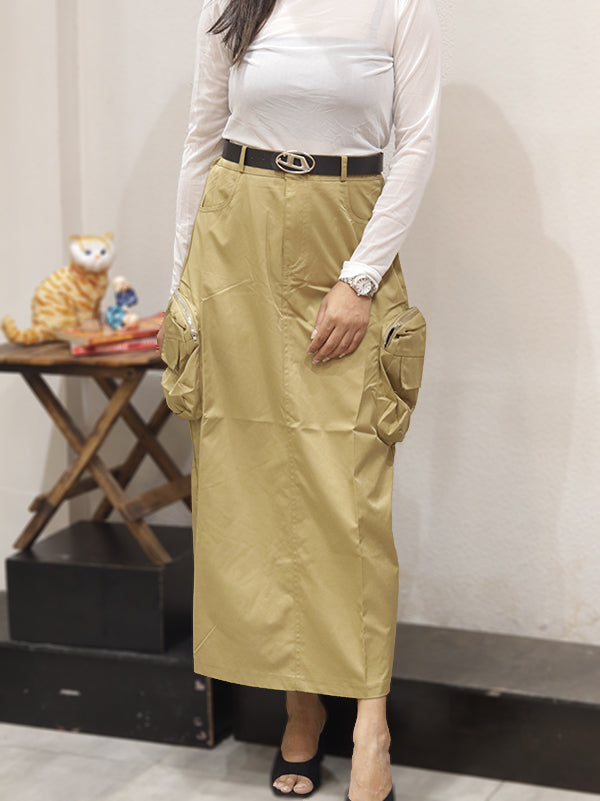 Cargo Style Long Skirt with Belt (Beige)