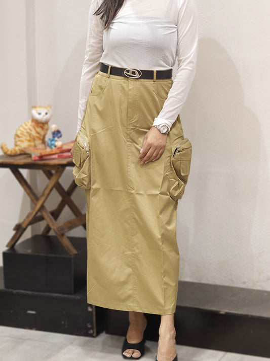 Cargo Style Long Skirt with Belt (Beige)