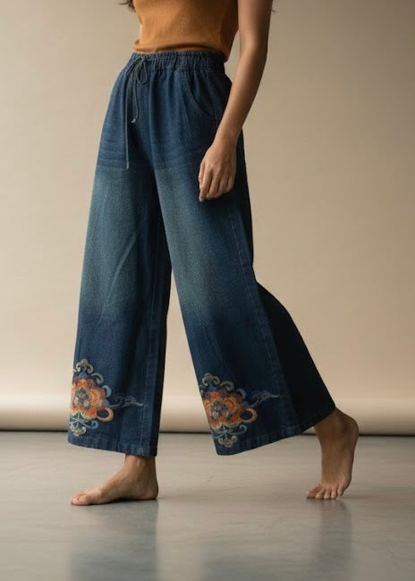 Wide Legged Denim Pant with Floral Embroidery