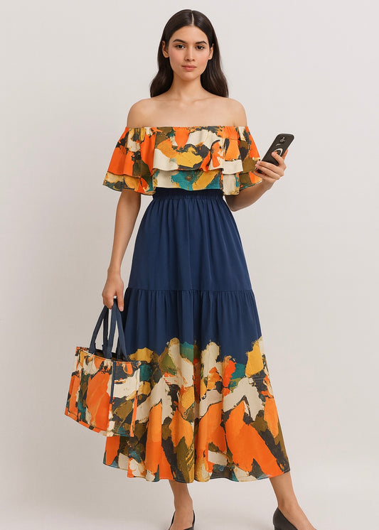 Printed Off Shoulder Flowy Dress