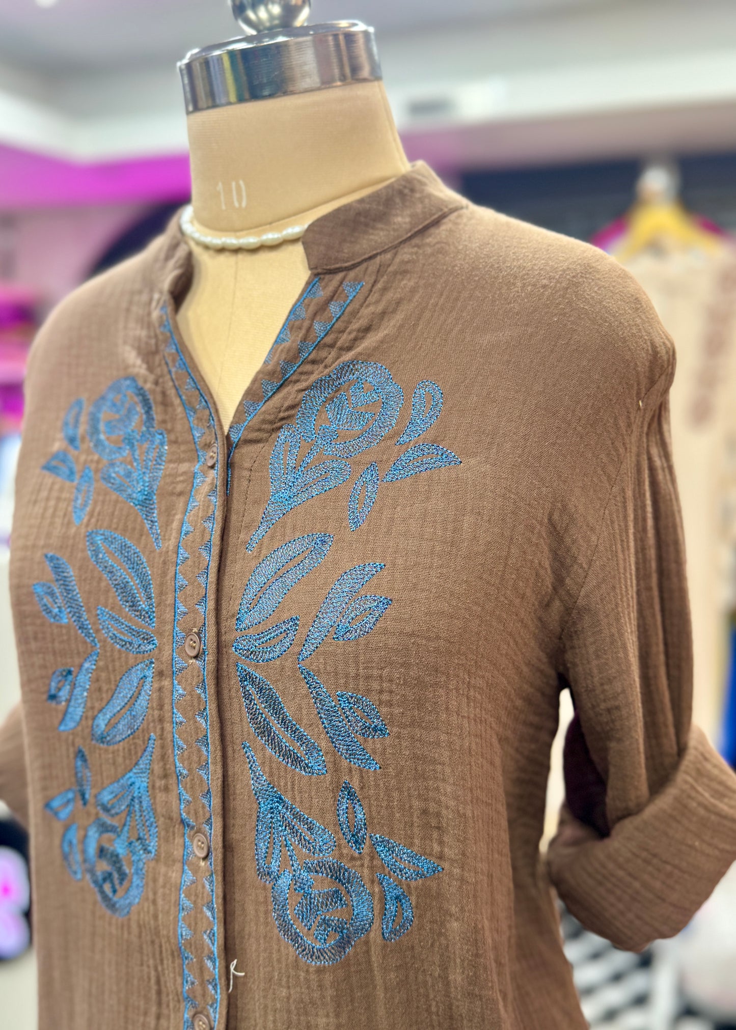 2 Pc Set - Embroidered Linen Shirt with Skirt