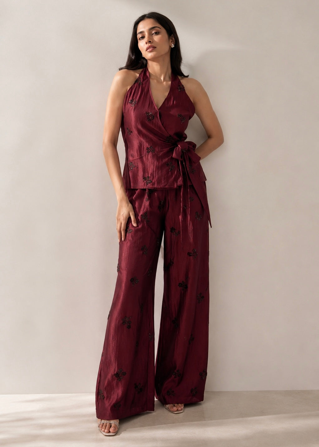 Halter Neck Sequin Co-ord Set with Wide Leg Pants