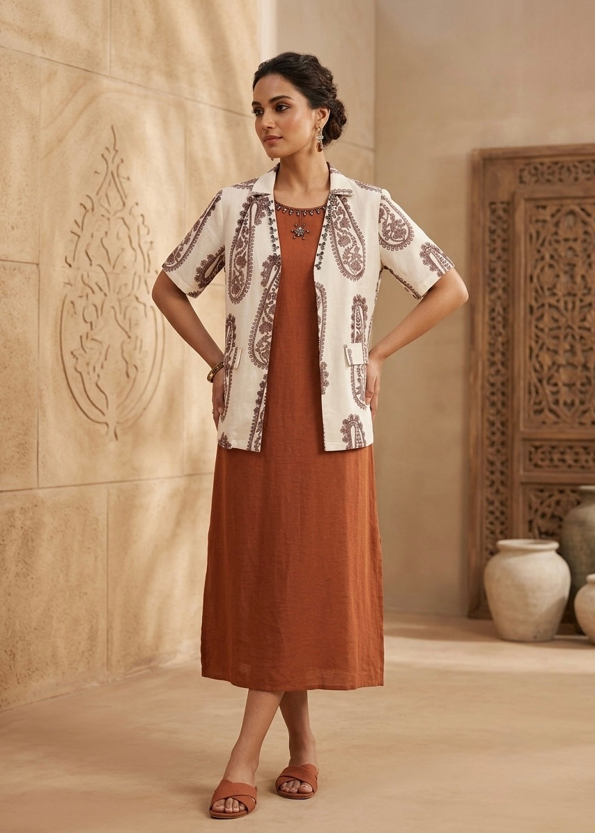 Cotton Dress with Printed Shrug