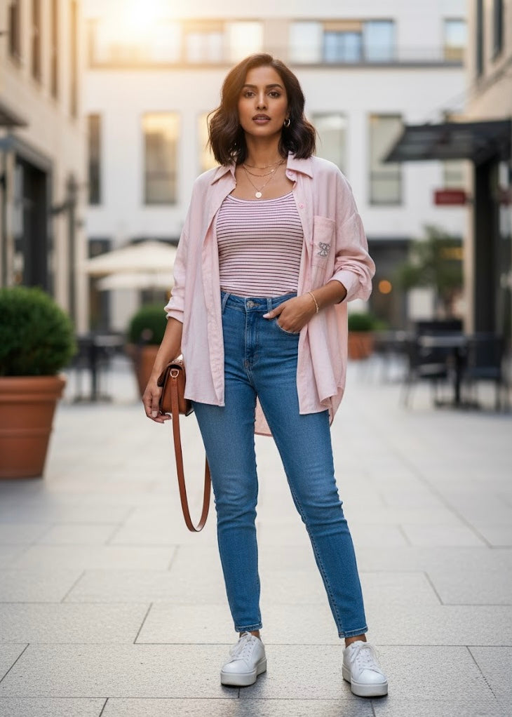 2 Pc Set - Plain Shirt with Striped Inner