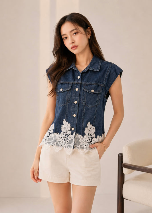 Denim Shirt with Lace Work