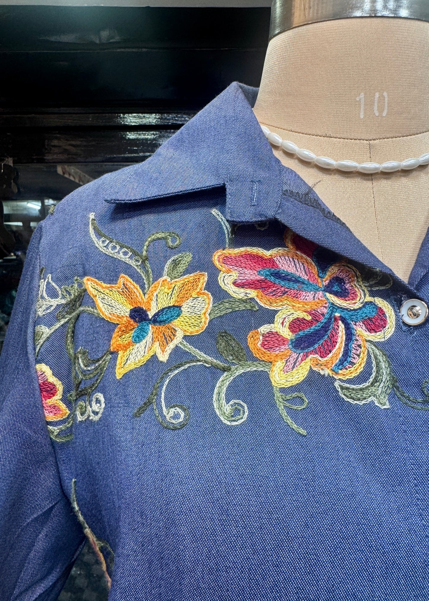 Floral Embroidered Denim Shirt Dress