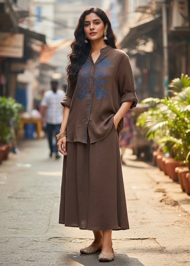 2 Pc Set - Embroidered Linen Shirt with Skirt