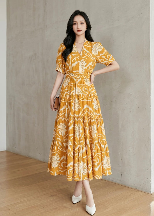 Flared Floral Long Cotton Dress