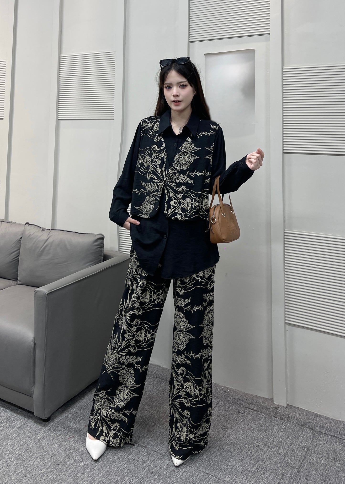 2 Pc Set - Oversized Shirt with Attached Waist Coat and Matching Pant
