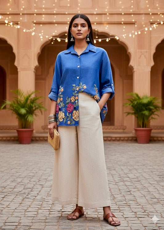 Light Shirt with Rose Embroidery