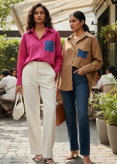 Plain Shirt with Denim Pocket