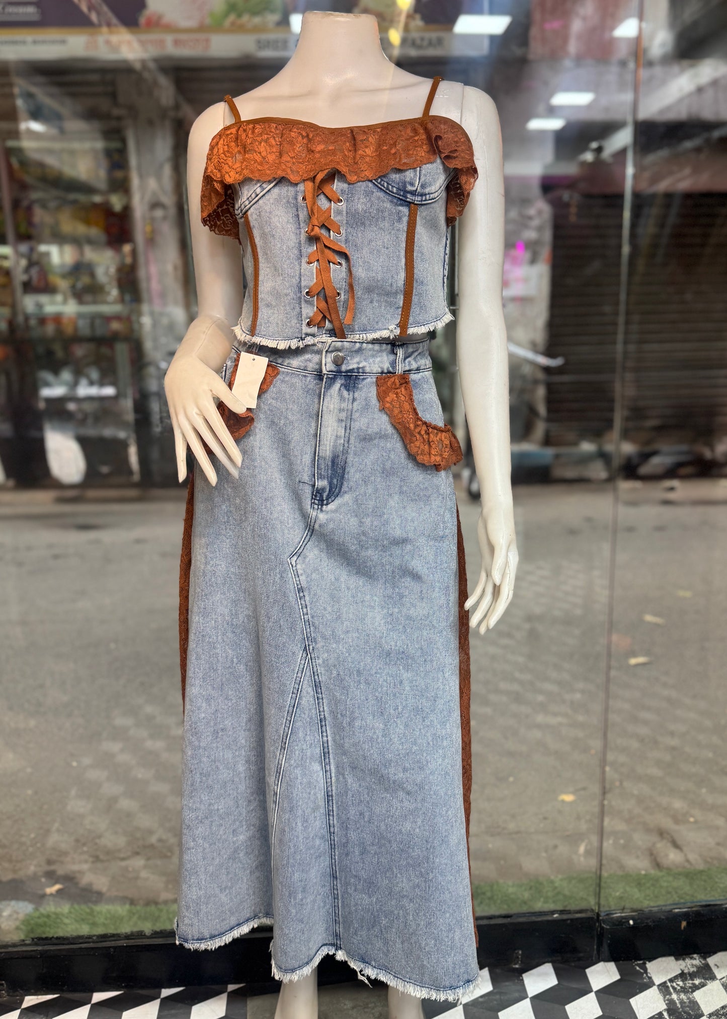 2 Pc Set - Denim Top and Skirt with Lace Detailing