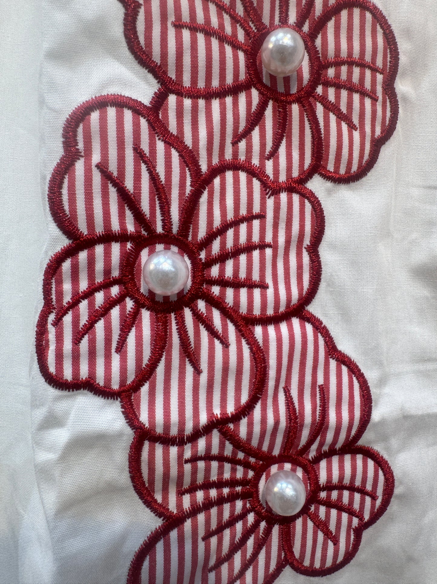 White Shirt With Stripes, Floral Embroidery & Pearl Work