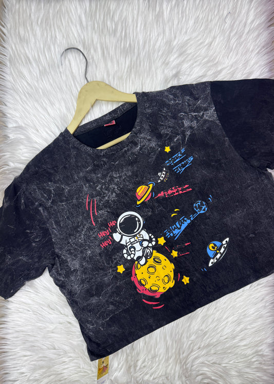 Grey Acid Wash Crop Oversized T-shirt (Space)