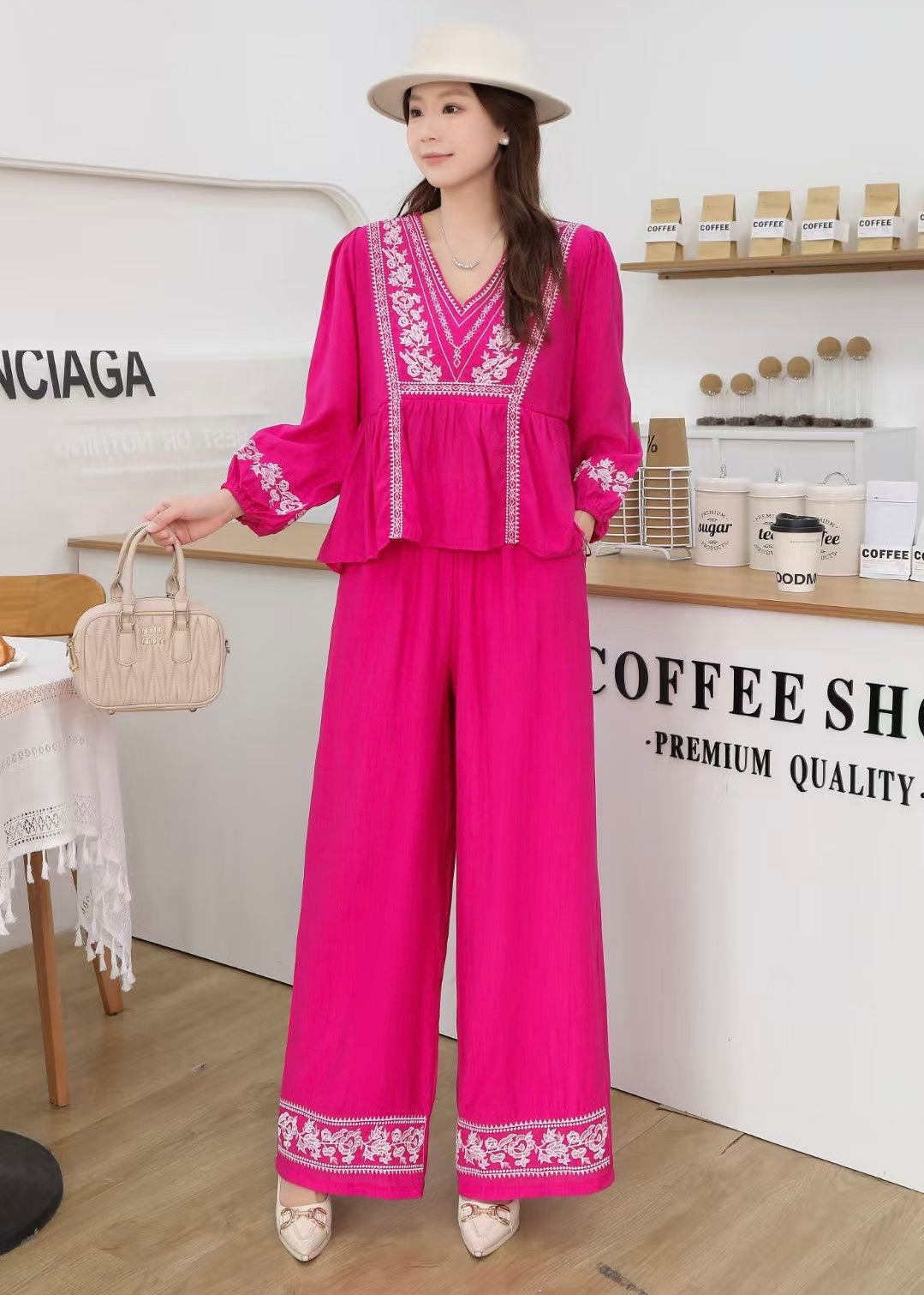 2 Pc Set - Oversized V-Neck Embroidered Top & Pant