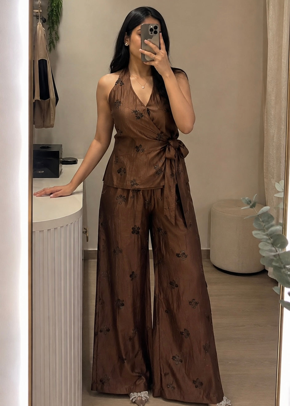 Halter Neck Sequin Co-ord Set with Wide Leg Pants