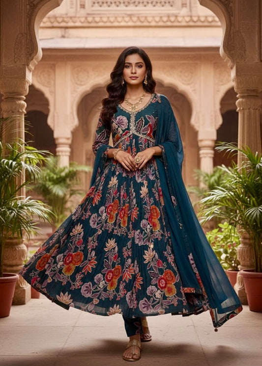 3 Pc Set - Printed Embellished Anarkali with Pant